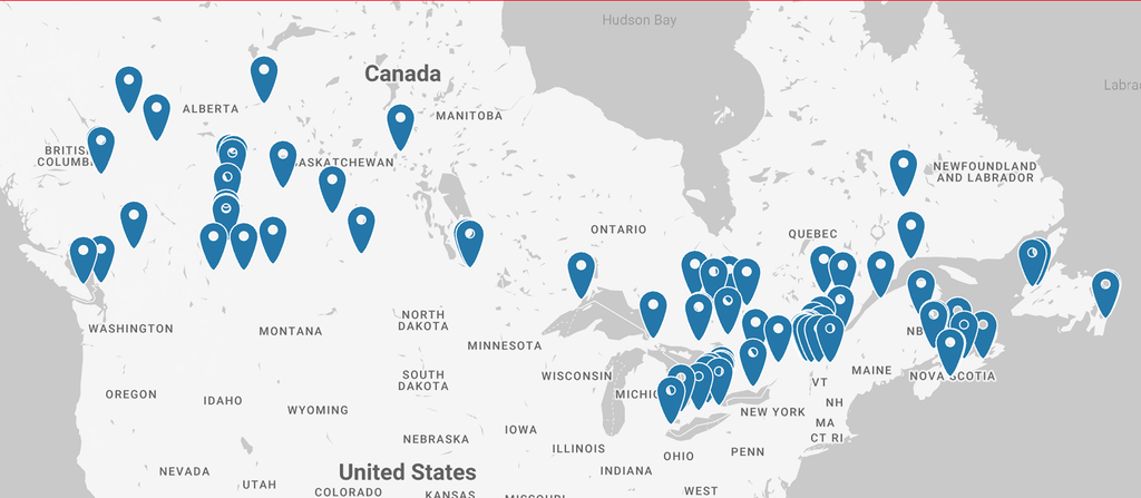 Map of Wajax branch locations across Canada